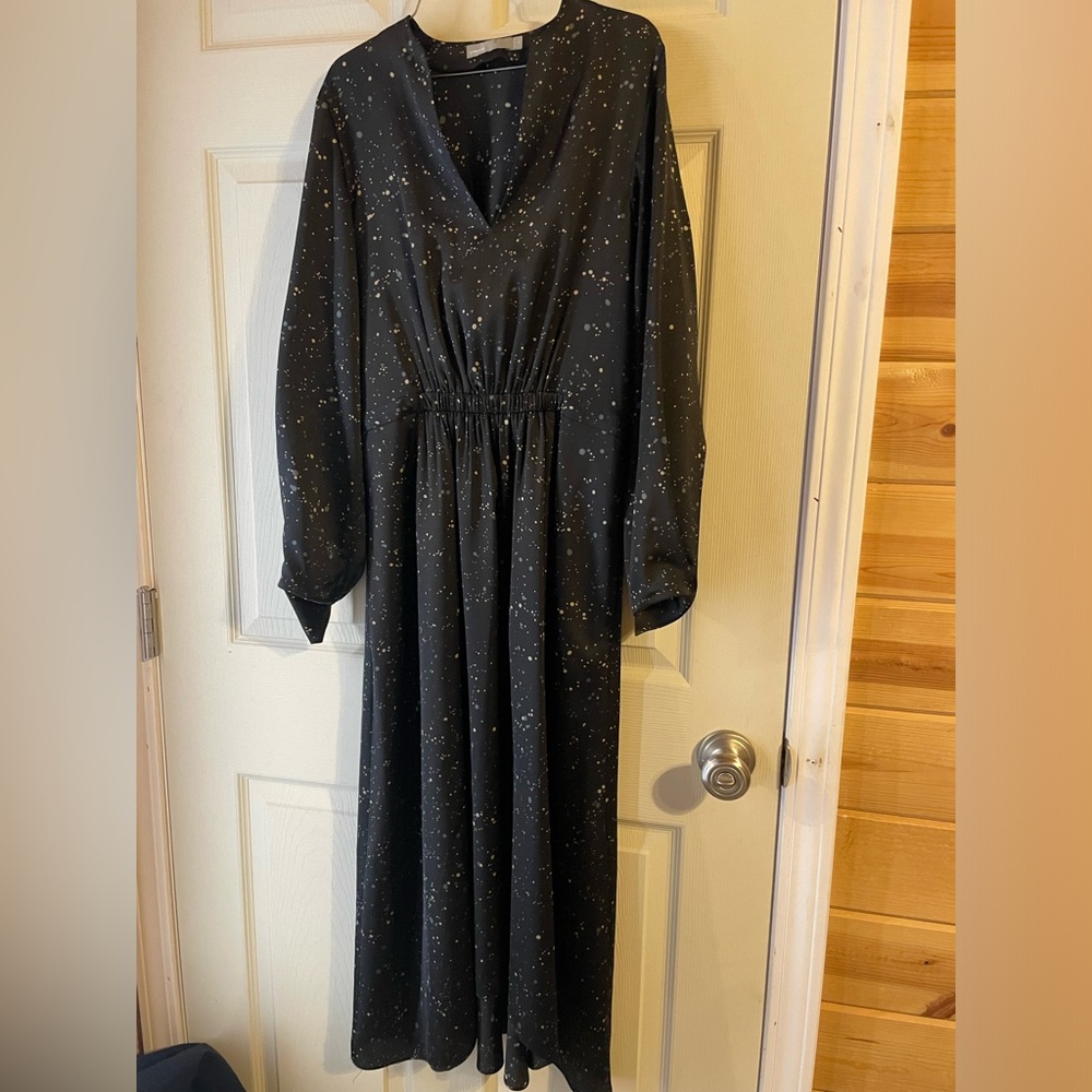 Vince Constellation Print Poet High Low Long Sleeve Black Multi Midi Dress XS